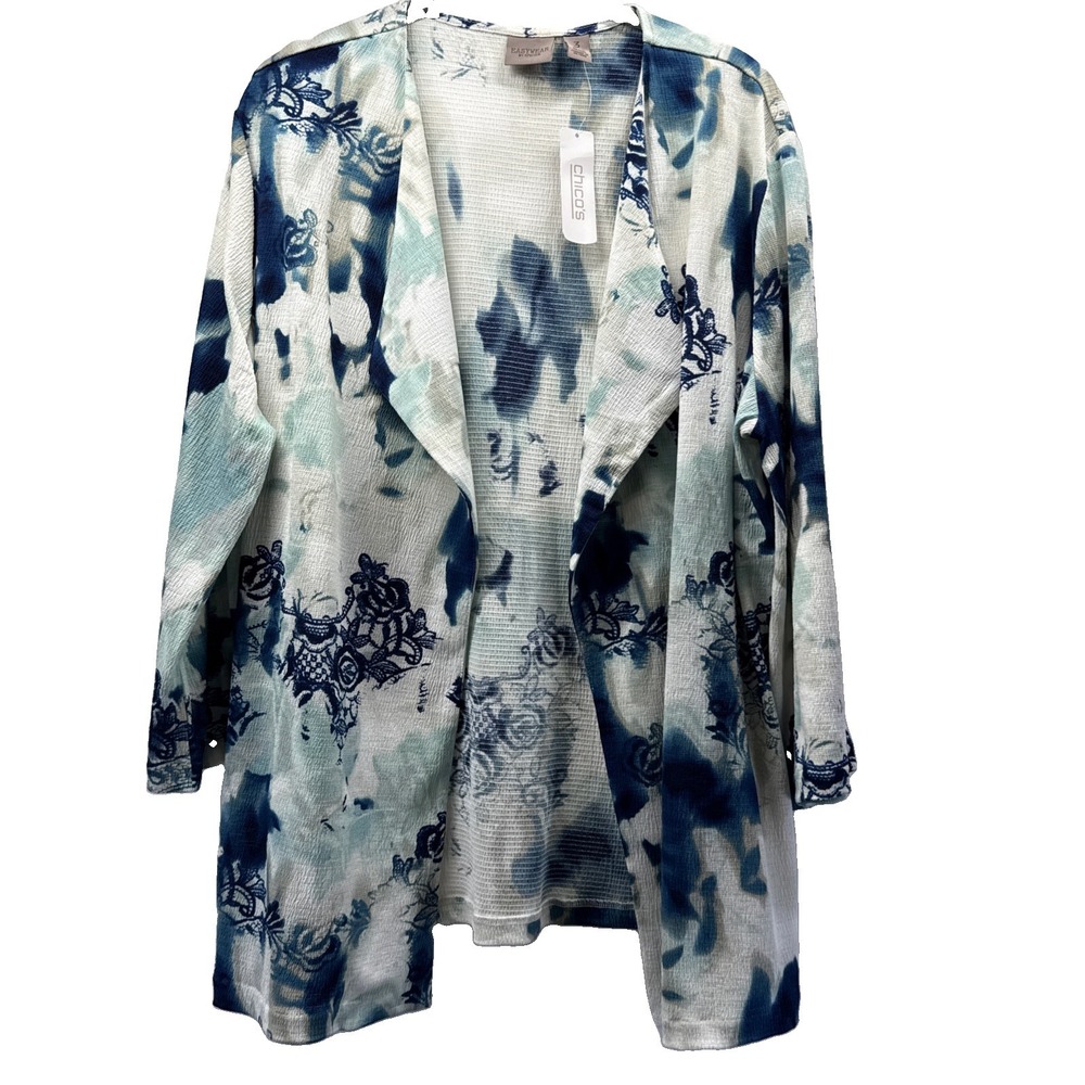 Chicos Ariel Flounce Sleeve Jacket Sz XL Blue White 3/4 Sleeves Stretch Open NWT